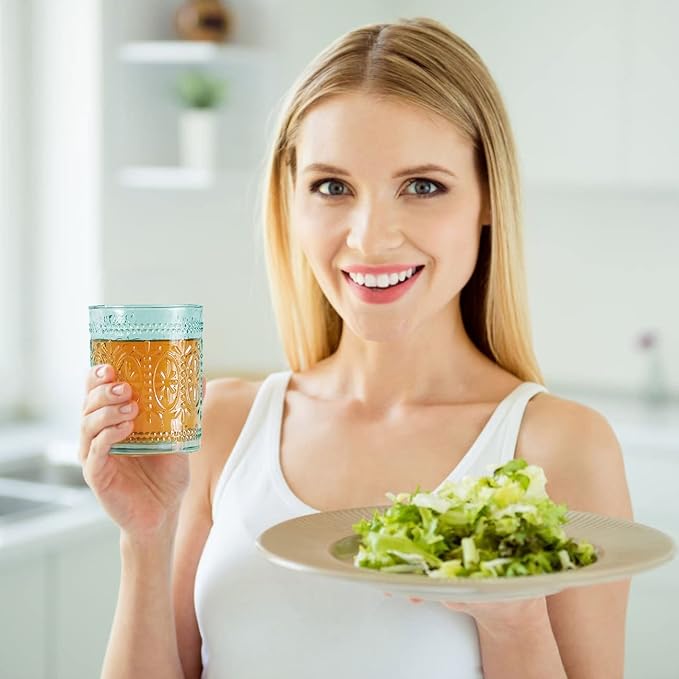 Glassware set of 4, Vintage Drinking Glasses, 10oz Heavy Duty Glass Cups, Colored Glassware Set, Embossed Glasses Set for Party Wedding Home Office Glassesware Gift