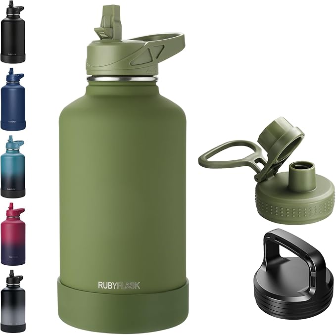 64oz Insulated Water Bottle with Straw, Half Gallon Stainless Steel Vacuum Water Jug, Large Thermal Water Bottle Flask with Leakproof 3 Lids for Travel, Camping, Gym Sports Armygreen