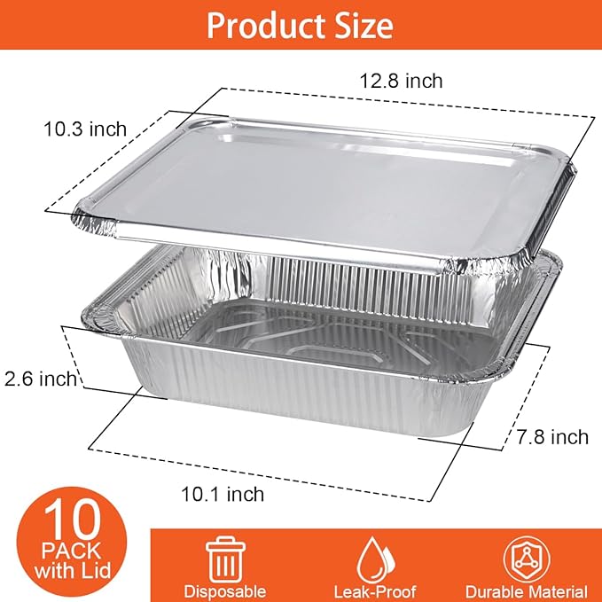 Disposable 9x13 Aluminum Foil Pans with Lids, (10 Pack) Half Size Aluminum Foil Heavy Duty Deep Steam Pans for Roasting Turkey, Cooking, Prepping- Thanksgiving, Christmas, Parties
