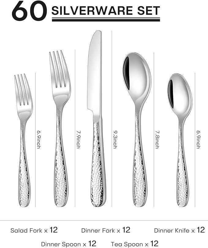 Hammered Silverware Set, Ollex 60-Piece Silver Flatware Set for 12 Mirror Finish Stainless Steel Eating Utensils Sets Include Forks Spoons and Knives Tableware Kitchen Cutlery Sets, Dishwasher Safe