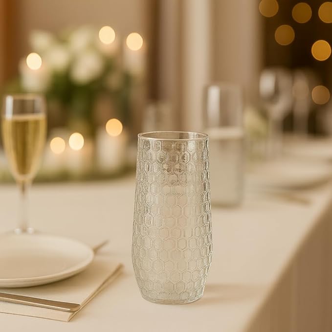 Pack Ribbed Ripple Stemless Toasting Glasses, Origami Durable 9 Oz BPA-Free Disposable Plastic Champagne Flutes for Weddings, Bars, Events, and Celebrations (48, Hammered Diamond Clear)