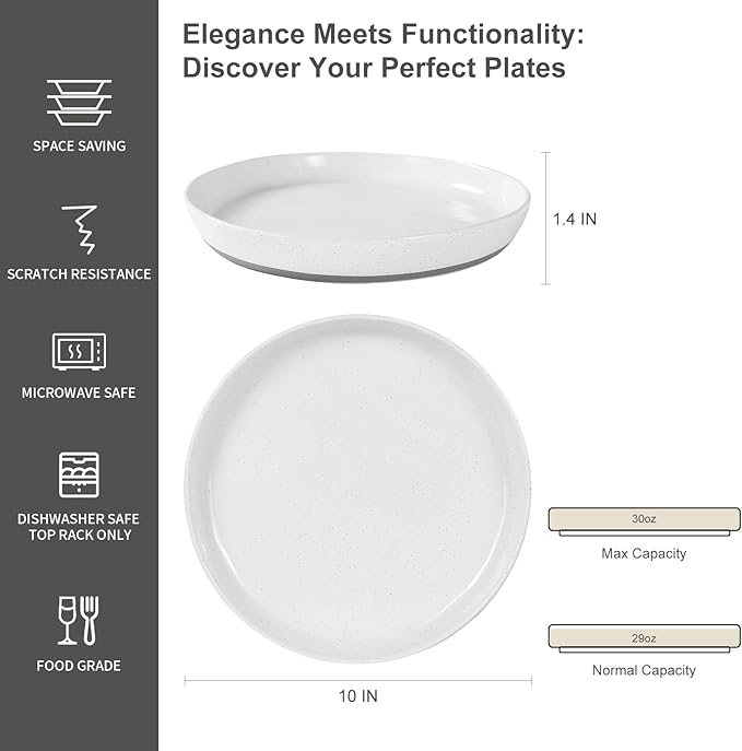 Ceramic Dinner Plates Set of 4-10 inch Stoneware Plates Set - Microwave&Dishwasher&Oven Safe, Porcelaine Dinnerware Dish Set for Kitchen Serving,Scratch Resistant - White(Grey Bottom)
