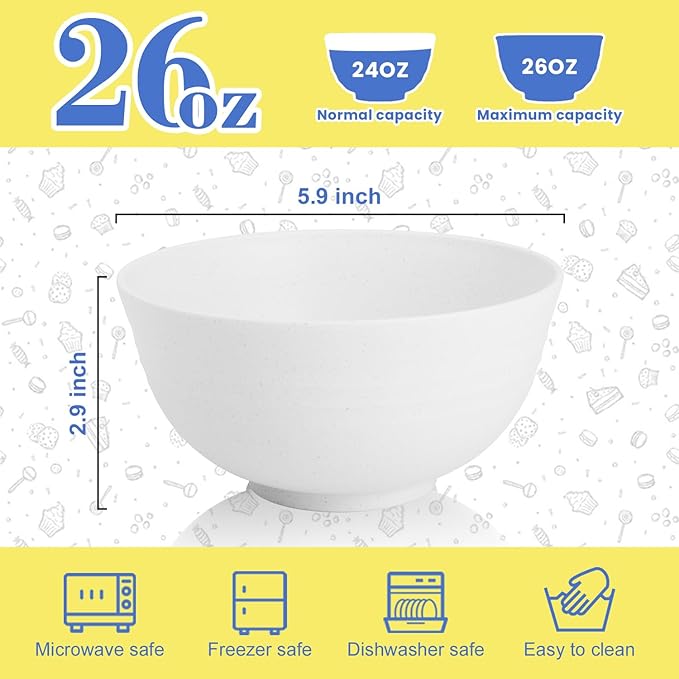Wheat Straw Bowls 26 OZ, Plastic Bowls Reusable, Unbreakable Cereal Bowls Set of 6, Small Soup Bowl Salad Bowl for Kitchen, Microwave & Dishwasher Safe, White