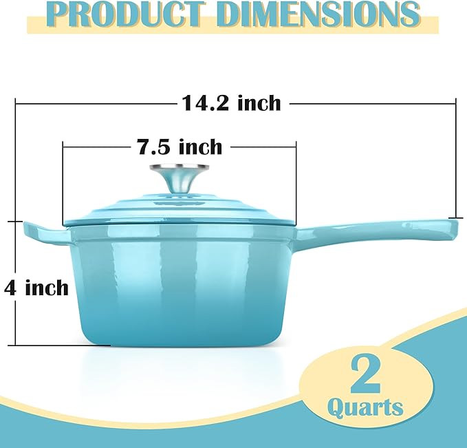 E-far Enameled Cast Iron Sauce Pan, 2 Quart Dutch Oven Saucepan with Lid, Small Sauce Pot for Cooking, Boiling, Healthy & Non Toxic, Induction & Oven Safe, Light Blue