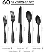 Hammered Silverware Set, Ollex 60-Piece Black Flatware Set for 12 Mirror Finish Stainless Steel Eating Utensils Sets Include Forks Spoons and Knives Tableware Kitchen Cutlery Sets, Dishwasher Safe