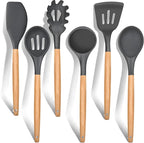 E-far Cooking Utensils Set of 6, Silicone Kitchen Utensils with Wooden Handle, Non-stick Cookware Friendly & Heat Resistant, Includes Spatula/Ladle/Slotted Turner/Serving Spoon/Spaghetti Server(Gray)