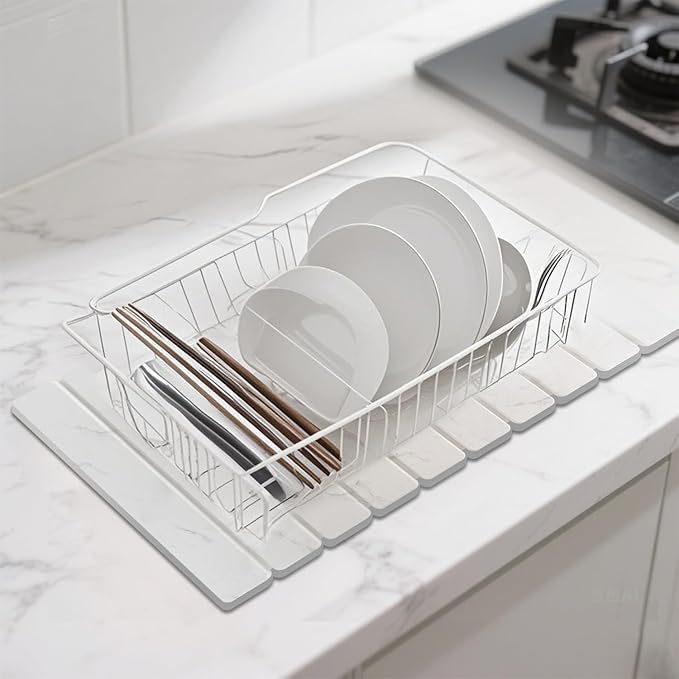 Hopegiver Stone Drying Mat for Kitchen Counter, 23.62"x15.35" Marble-Pattern Quick Dry Dish Mat, Elegant Absorbent Diatomaceous Earth Mat for Dishes Countertop Sink Bathroom, Includes Sanding Block