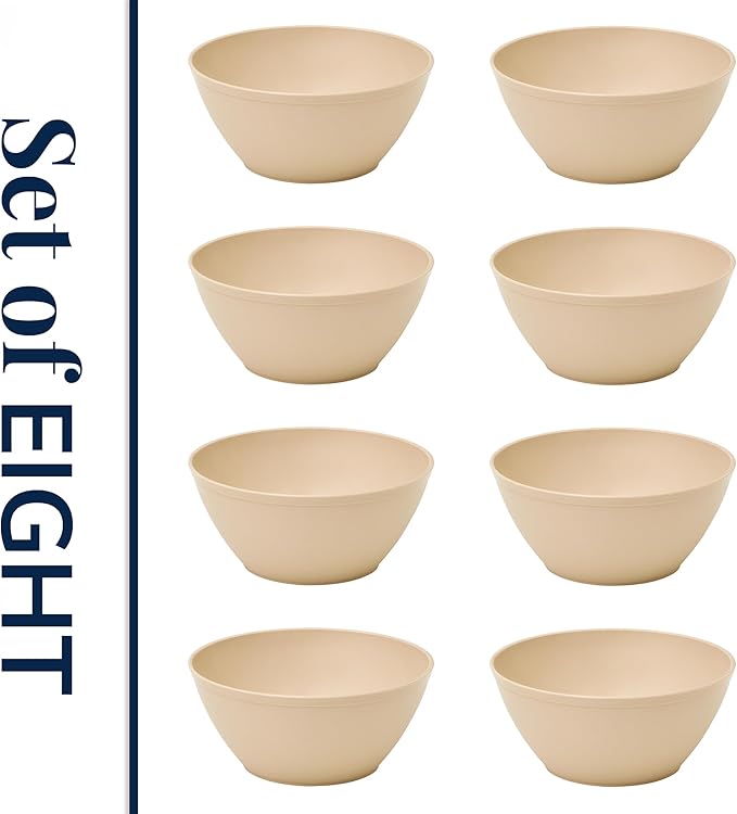 US Acrylic Wheat Straw Unbreakable 28 oz. Stackable Cereal Bowls for Snacks & Ice Cream in Beige Colors (Set of 8) 6-inch Reusable, BPA-Free, Dishwasher Safe Dinnerware, Made in USA