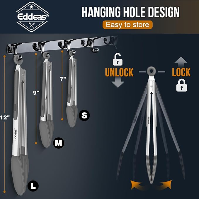 Kitchen Tongs with Silicone Tips - Heat Resistant 600 Degrees Stainless Steel Locking Cooking Tongs with Rubber Tips, Non-Stick Food Tongs for Cooking, Heavy Duty, Set of 3-7" 9" and 12" Grey