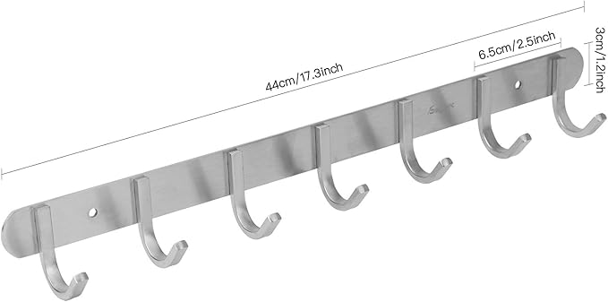 Towel Hook Rack Brushed Nickel 17-Inch Coat Hook Rail Wall Mounted with 7 Hooks, Durable Wall Hangers for Bedroom, Bathroom, Foyer, Hallway (304 Stainless Steel)