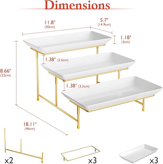 3 Tier Plastic Serving Tray for Party, 11.5" x 5.6" Platters for Serving Food, Microwave-Safe, White Reusable Trays with Black Metal Display Stand for Cupcakes, Dessert, Fruit, Cookie, Gold