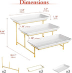 3 Tier Plastic Serving Tray for Party, 11.5" x 5.6" Platters for Serving Food, Microwave-Safe, White Reusable Trays with Black Metal Display Stand for Cupcakes, Dessert, Fruit, Cookie, Gold