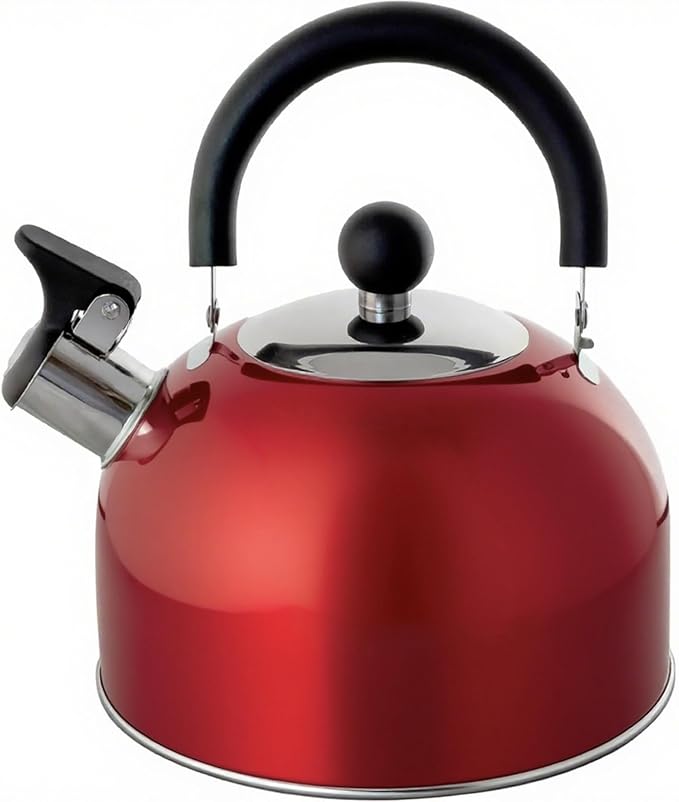 Lily's Home 2 Quart Stainless Steel Whistling Tea Kettle, the Perfect Stovetop Tea and Water Boilers for Your Home, Dorm, Condo or Apartment. Red