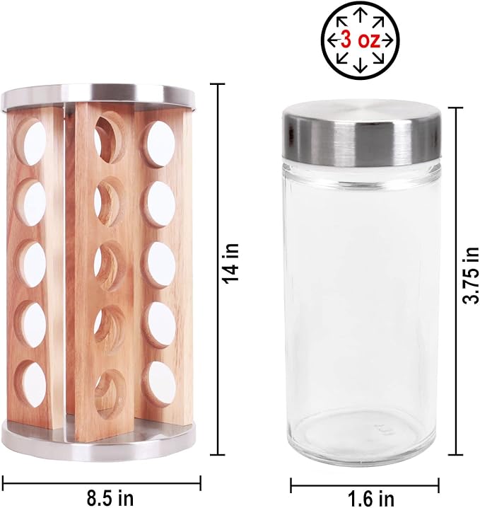 Orii Natural Acacia Wood Spice Rack with 20 EMPTY jars with Stainless Steel Lids and FREE Stainless Steel Funnel and Labels