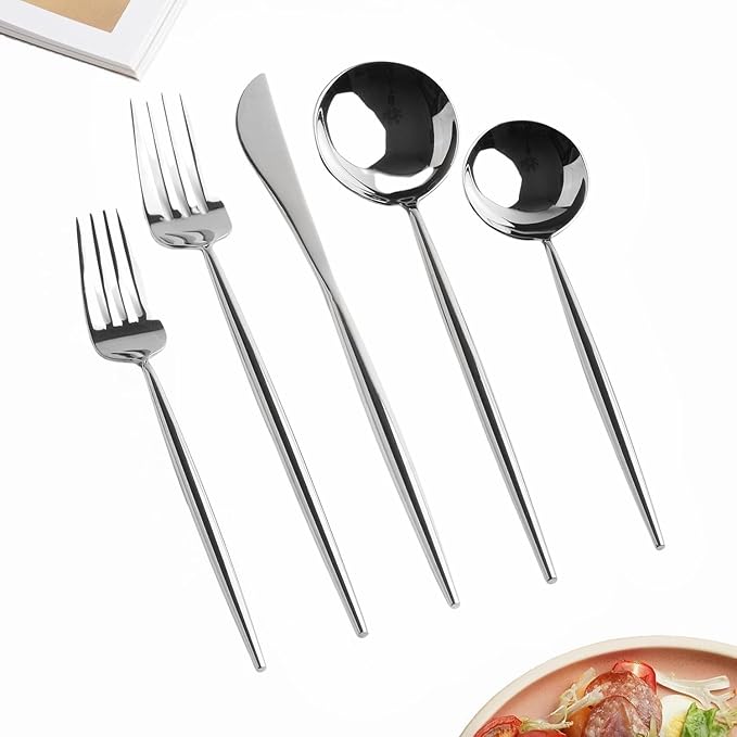 Homelux Theory 18/10 Stainless Steel Silverware Set, 4 Cutlery Set of 5pc Heavy Duty Spoons & Forks Set, Stainless Steel Kitchen Utensils, Adaline Royal Modern Utensils & Contemporary Flatware Set