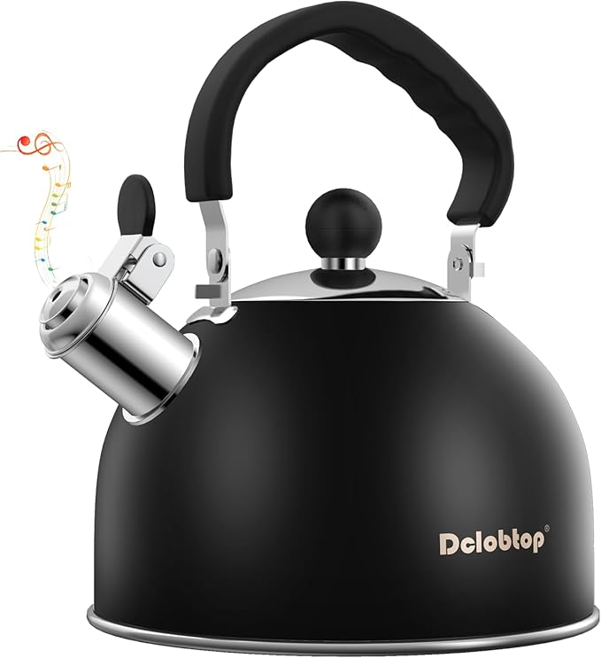 Premium Stainless Steel Tea Kettle for Stove Top - 2 Quart Classic Stovetop Teapot, Loud Whistle Kettle with Ergonomic Handle - Ideal for Hot Water & Tea,Coffee & Kitchen Decor(black)