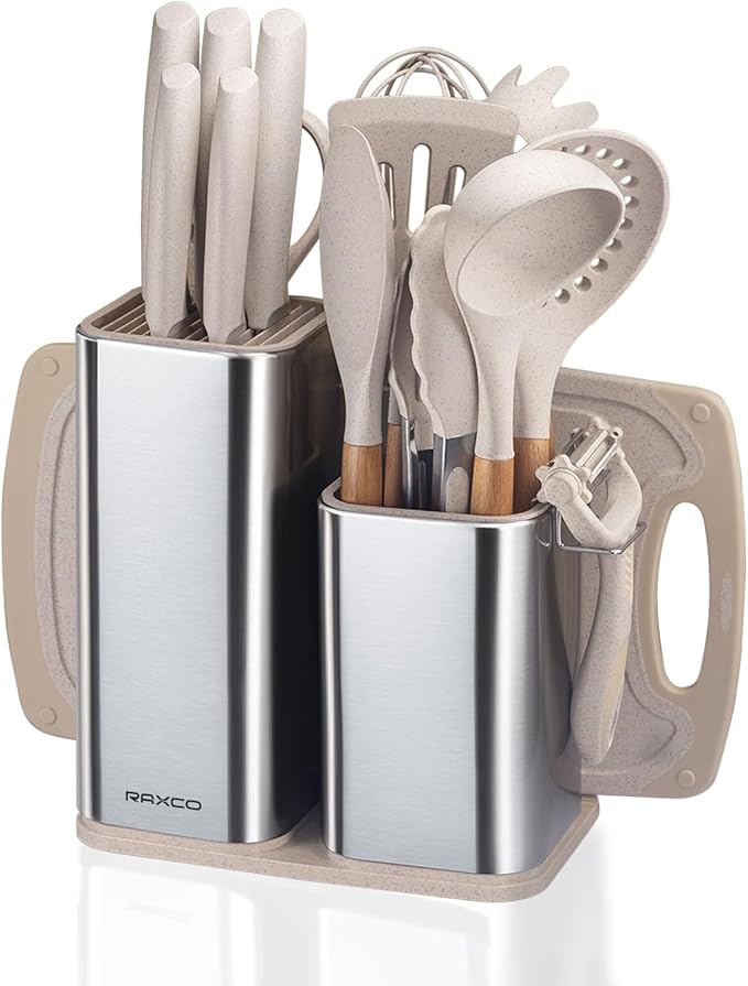 RAXCO Utensil Sets,18-Piece Knifes and cutting board,Silicone Cooking Tools and Kitchen Accessories,Straw