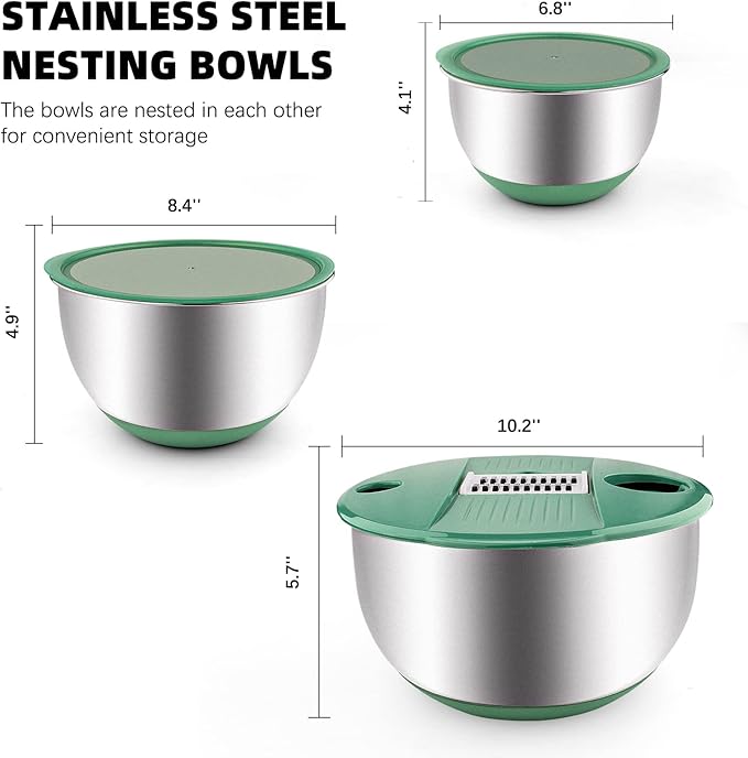 Mixing Bowls Set of 3 Stainless Steel Bowl with Lids Set, Nesting Bowls with Graters Airtight Lids for Cooking, Baking, Prepping(Green)