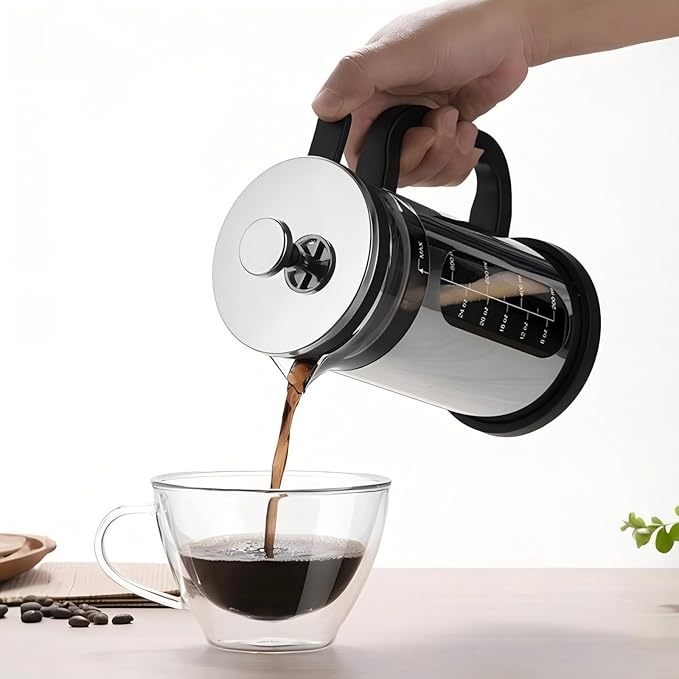 Camping 34oz French Press Coffee & Tea Maker - Heat Resistant Borosilicate Glass, Stainless Steel Outer, Press On Lid, Portable Travel Design, BPA Free