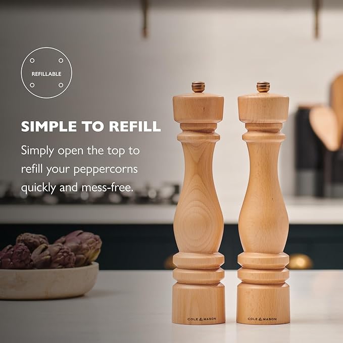 Cole & Mason London Refillable Spice Mill - Kitchen & Home Accessory - Table Black Pepper Grinder - Pepper Mill with Carbon Steel Mechanism - 11", Natural Beech