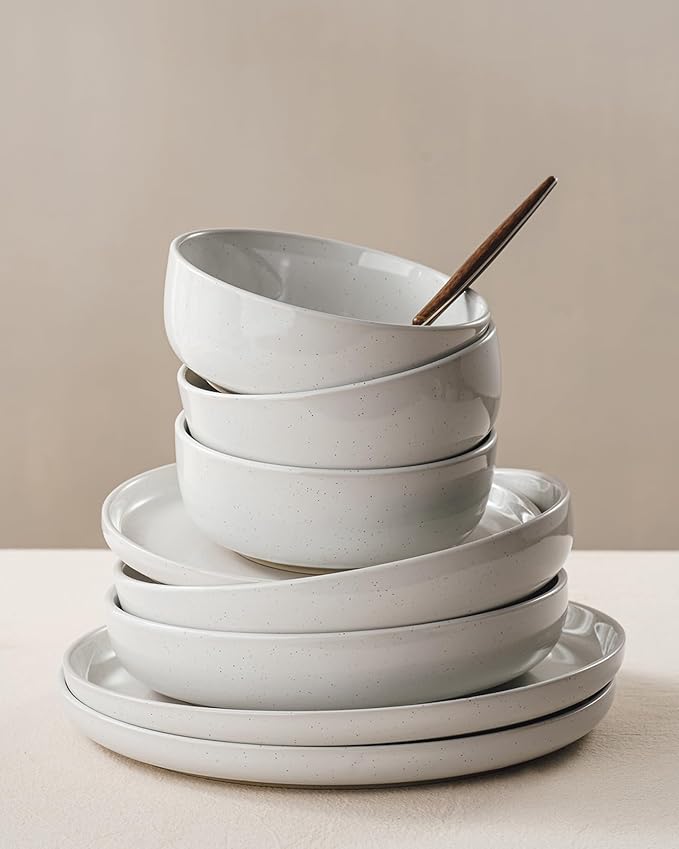 Famiware Milkyway Stoneware Dinnerware Sets with Mugs, Service for 4 (16pcs), Plates and Bowls Sets, Scratch Resistant, Microwave and Dishwasher Safe Dishes Set, White