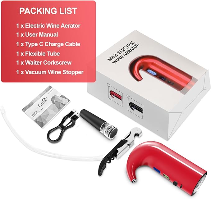 Electric Wine Aerator, One-Touch Automatic Wine Decanter for Red & White Wine, Wine Dispenser, Wine Pourer, Wine Gifts for Wine Lovers (Red)