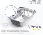 Spare Essentials 110 Pack - 1LB Small Foil Pans with Lids - Aluminum To Go Food Containers with Lids - 1lb Mini Aluminum Pans - Freezer Safe Foil Take out Trays - Heat proof Meal Prep Containers