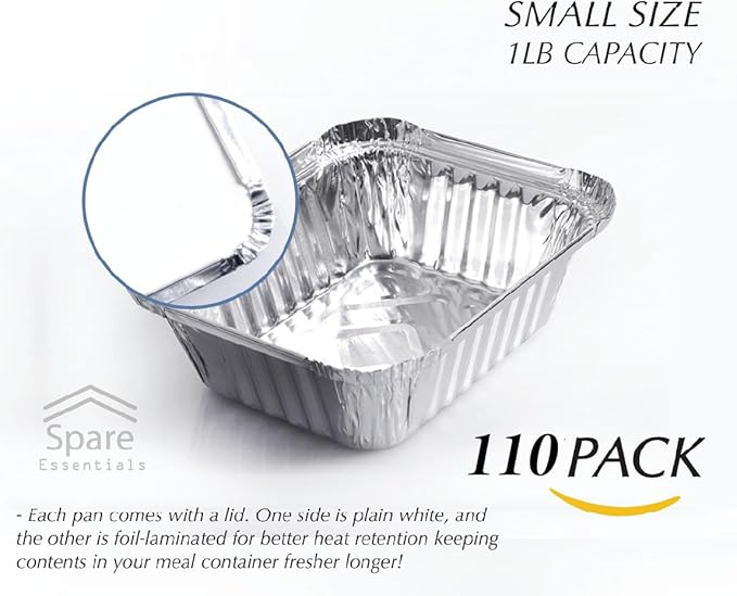 Spare Essentials 110 Pack - 1LB Small Foil Pans with Lids - Aluminum To Go Food Containers with Lids - 1lb Mini Aluminum Pans - Freezer Safe Foil Take out Trays - Heat proof Meal Prep Containers