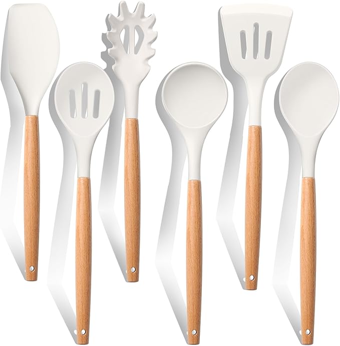 E-far White Cooking Utensils Set of 6, Silicone Kitchen Utensils with Wooden Handle, Non-stick Cookware Friendly & Heat Resistant, Includes Spatula/Ladle/Slotted Turner/Serving Spoon/Spaghetti Server