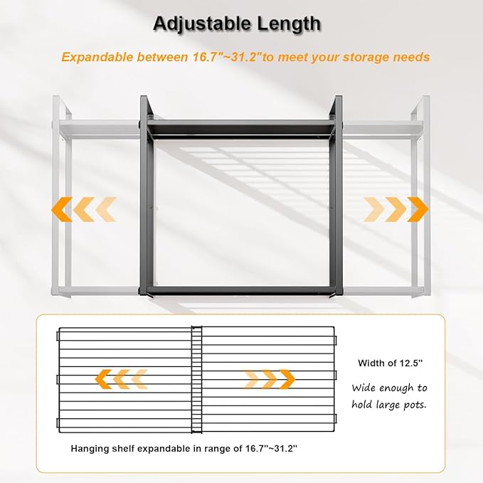 Expandable Pot and Pan Organizer Wall Mounted, 2 Tier Hanging Kitchen Shelves Heavy Duty Pot Rack with 6 Pot Lid Holders and 12 Hooks for Kitchen Cookware Utensils Organizer and Storage