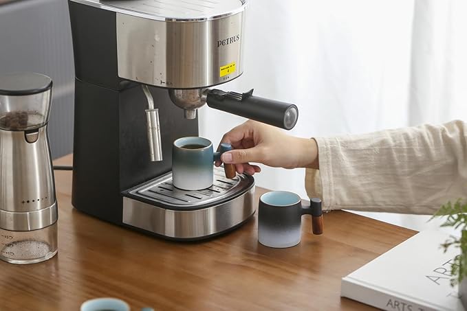 2-Oz Ceramic Espresso Cups with Wood Handle, 2/4-Piece Set for Coffee, Tea, Latte - Dishwasher Safe, Multi-Color & Wood Styles, Gift & Café Use (blue white2&blue black2, Wooden Handle4)