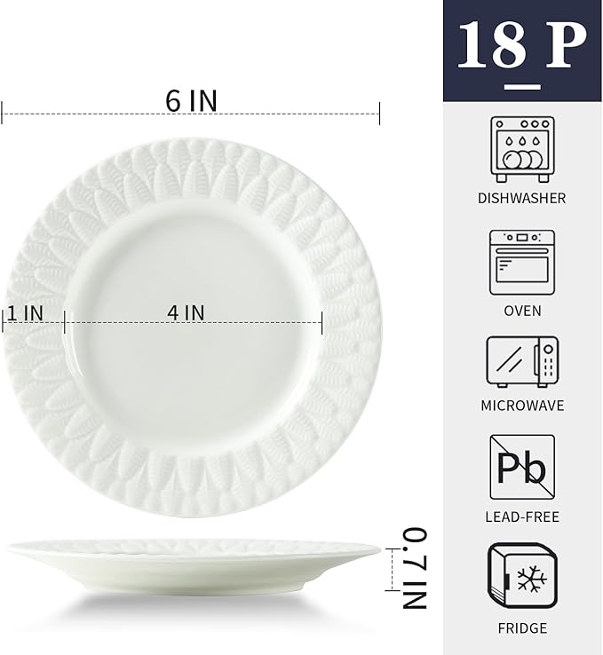 6 Inch Porcelain Appetizer Plate Set of 18, Small Dinner Plates, Dessert Salad Plates, White Leaves Shaped Serving Dishes for Cake, Snack, Ice Cream, Waffles, Microwave, Oven, and Dishwasher Safe