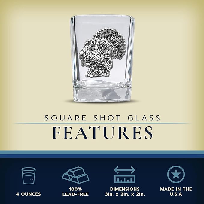 Heritage Pewter Turkeys Square Shot Glass | Hand-Sculpted 1.5 Ounce Shot Glass | Intricately Crafted Metal Pewter Inlay