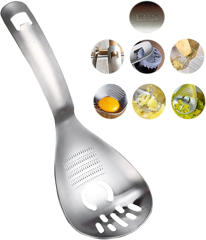 Slotted Spoon,304 Stainless Steel Multi-Functions Cooking Skimmer,Spaghetti Pasta Server Spoon,Ginger Crusher,Potato Press Tool,Egg Separator, Disher Scoop for Kitchen Utensil (Style B)