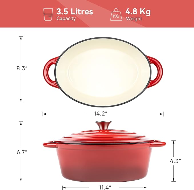 Oval Dutch Oven for Bread Baking, 4.5 Quart Non Stick Enameled Cast Iron Dutch Oven Pot with Lid, Oven Safe Oval Casserole with Lid up to 500°F for Baking, Braising, Stews, Roasting (Red)