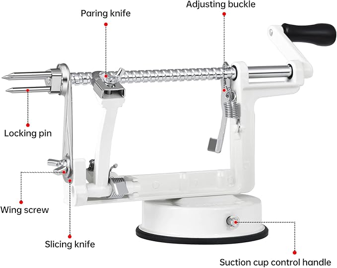 Apple Peeler Corer, Long lasting Chrome Cast Magnesium Alloy Apple Peeler Slicer Corer with Stainless Steel Blades and Powerful Suction Base for Apples and Potato(White)