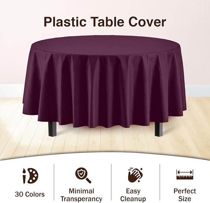 Exquisite Party Solids 12-Pack Premium Plastic Tablecloth 84in. Round Table Cover - Plum