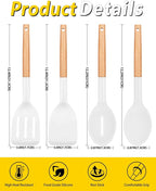 Pack of 4 Silicone Cooking Utensils Set, Non Stick Solid Spatulas and Heat Resistant Slotted Spoons with Wooden Handle, Ideal Wood Kitchen Utensils Set for Frying,Serving,Turning,Stirring (WHITE)