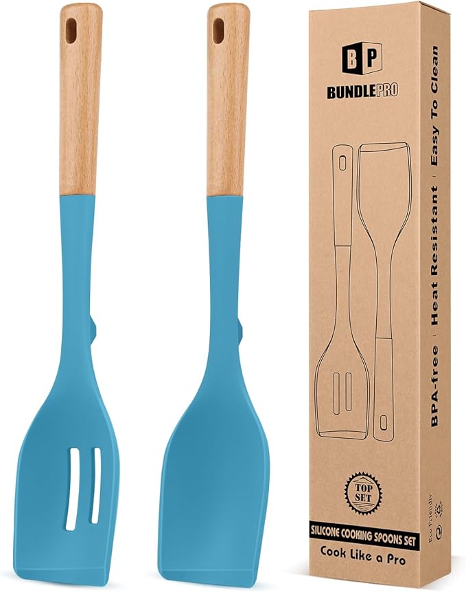 Pack of 2 Large Silicone Cooking Spoons, Heat Resistant Non Stick Kitchen Utensils with Wooden Handle, Ideal for Mixing, Stirring, Serving, Cooking(BLUE)