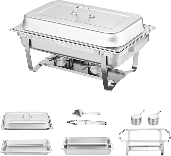 VEVOR Chafing Dish Buffet Set, 8 Qt 4 Pack, Stainless Chafer with 4 Full Size Pans, Rectangle Catering Warmer Server with Lid Water Pan Folding Stand Fuel Tray Holder Spoon Clip