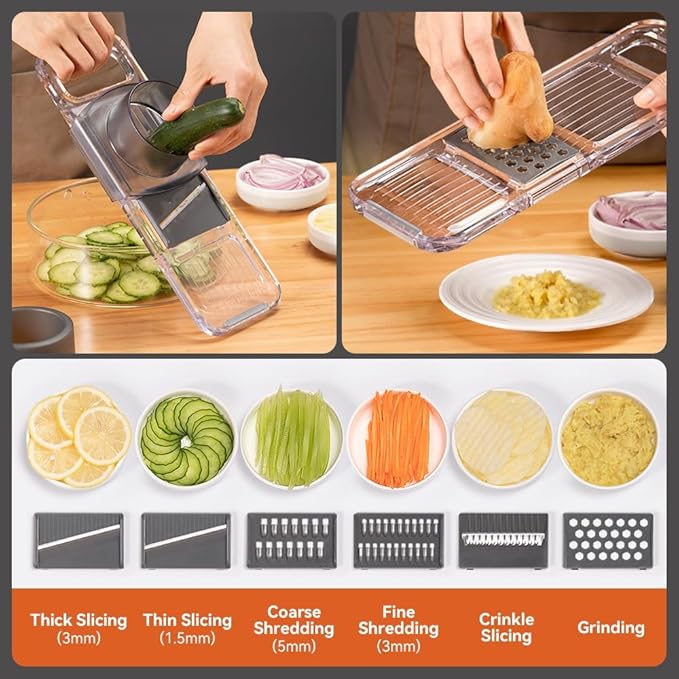 KEOUKE Transparent Multifunctional Mandoline Slicer - 6 Blades Interchangeable, Handheld Vegetable Cutter with Hand Guard for Kitchen, Onion, Garlic, Safe Food Slicer