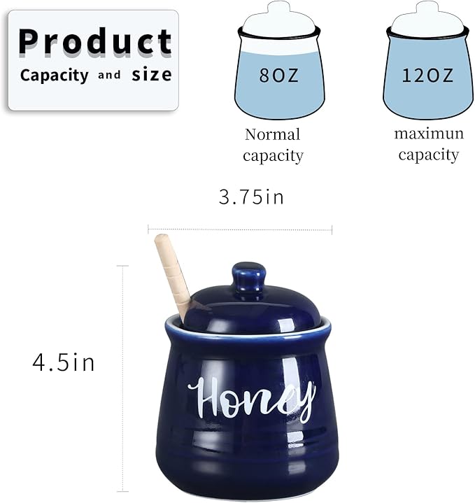 HAOTOP Farmhouse Porcelain Honey Jar with Dipper and Lid Set 12oz,Easy to Clean (Navy)