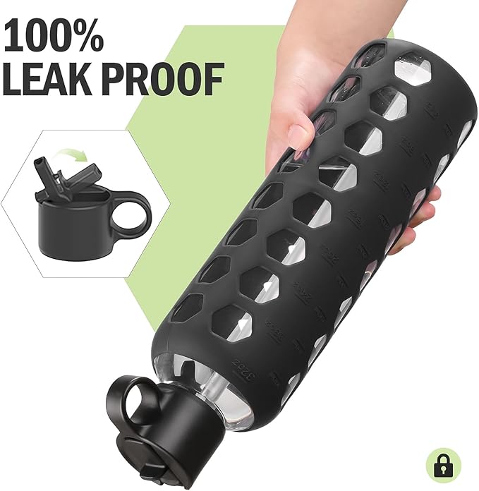 MUKOKO Glass Water Bottles, 32oz Glass Tumbler, Drinking Bottles with 2 Lids-Handle Flip Straw Lid&Bamboo Lid, Motivational Water Bottle with Time Marker and Silicone Sleeve, Leakproof-1 Pack-Black