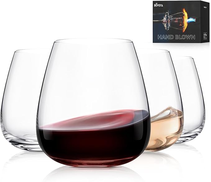 Stemless Wine Glasses Set of 4, 15oz Hand Blown Crystal Red White Wine Glass, Ideal for Daily Use and Special Days, Perfect Gifts for Both Men and Women, Father's Day