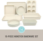 Martha Stewart Gallen 10 Piece Baking Pans Ceramic PFA Free Non Toxic Non Stick Bakeware Set - Linen White