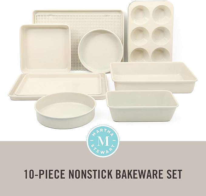 Martha Stewart Gallen 10 Piece Baking Pans Ceramic PFA Free Non Toxic Non Stick Bakeware Set - Linen White