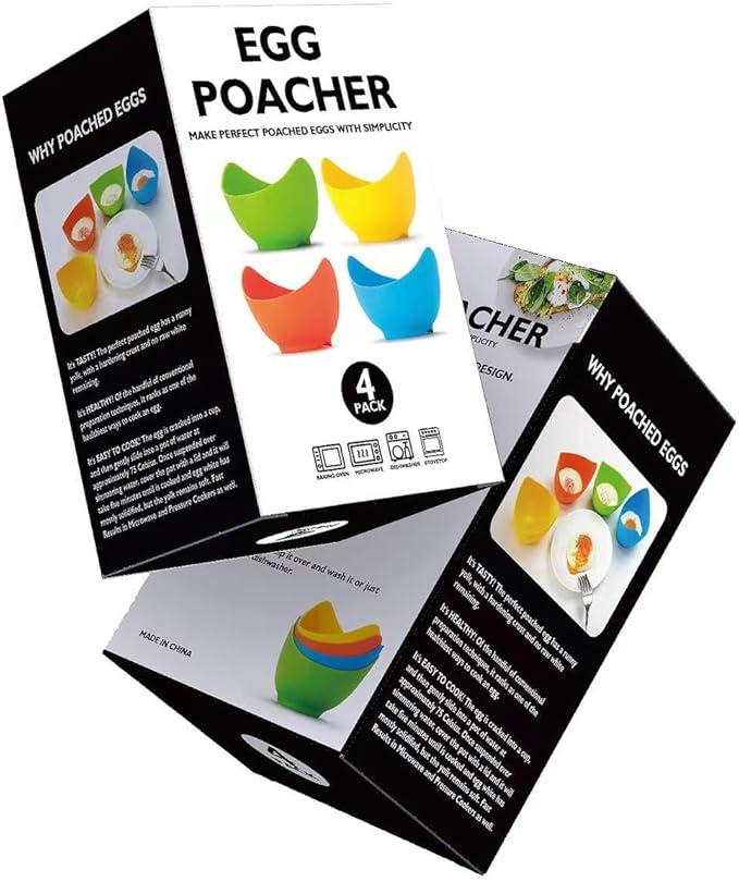 Mikim Silicone Egg Poacher Cups with Ring Standers, Nonstick Egg Poaching Cup for Stovetop Air Fryer Cooking, BPA Free, 4 Pack with Extra Oil Brush