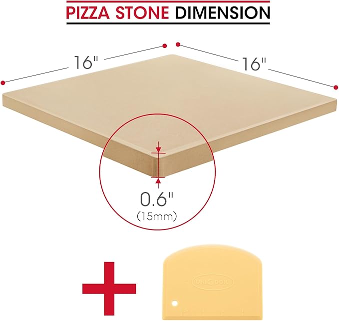 Unicook 16" x 16" Square Pizza Stone for Grill and Oven, Large Cordierite Bread Baking Stone for Crispy Crust Pizzas, Bread and Cookies, Includes Dough Scraper