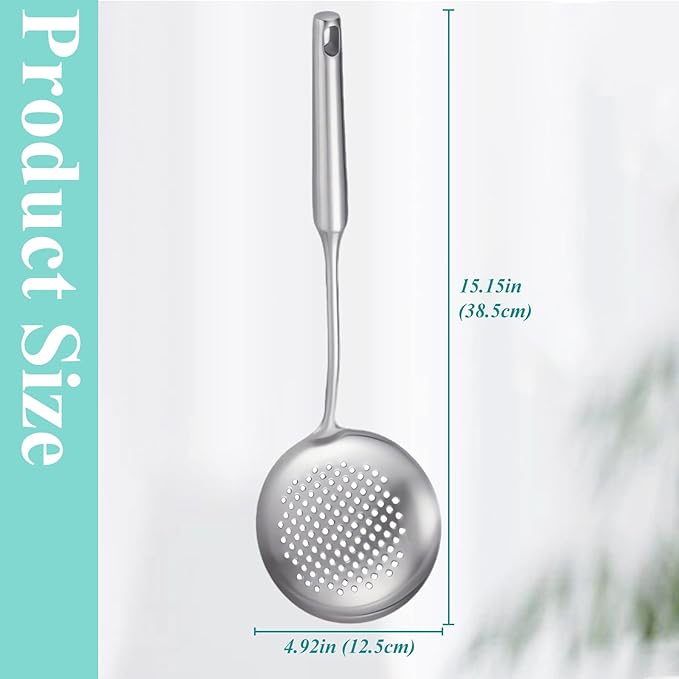 Slotted Spoon, Stainless Steel Strainer Metal Skimmer Spoon for Cooking, Long Handle Food Strainer, Kitchen Utensil Large Fryer Scoop Spoon with Holes for Draining Stirring Serving Frying