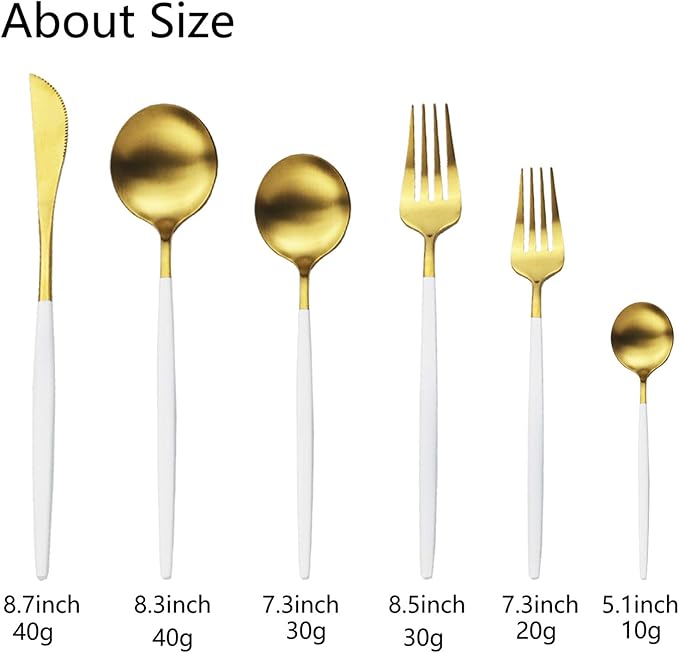 JASHII Silverware Set 36 Piece Food Grade Stainless Steel Flatware Set Fork Spoon Knife Utensils for Daily Use and Party, Service for 6 Anti Rust, Safe in Dishwasher (Matte White handle gold)